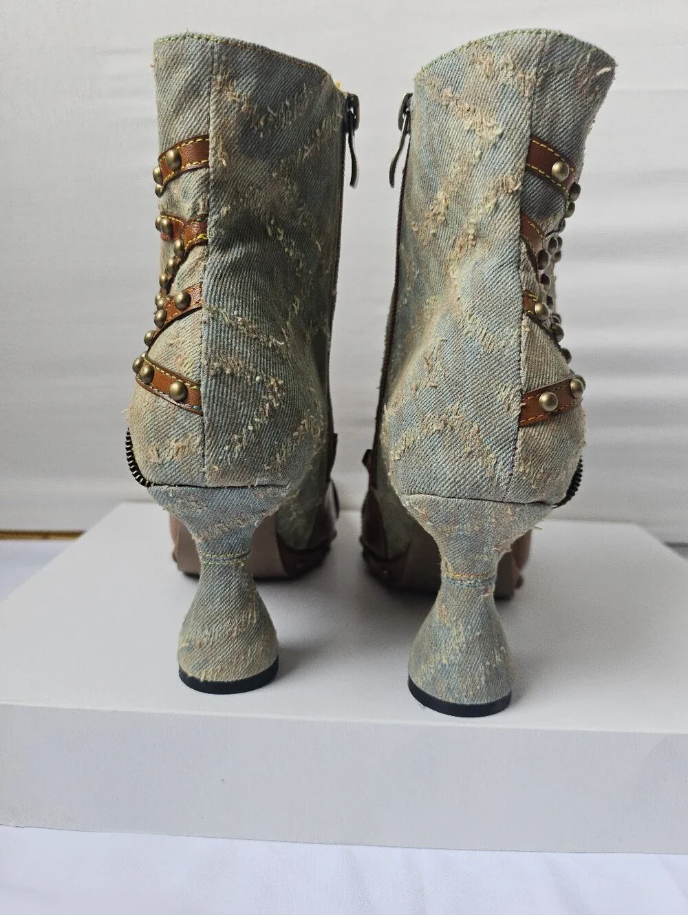 Steampunk Leather and Denim Ankle Boots with Zipper and Stud Details - Size 40